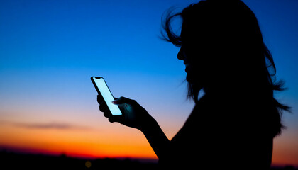 A silhouette of a person holding a glowing smartphone against a twilight sky. The scene features deep blue and orange hues, creating a serene atmosphere. The person appears to be enjoying the moment, 