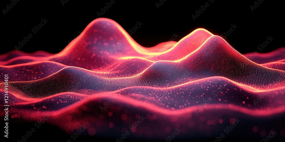 Poster digital landscape with vibrant flowing waves and glowing particles creating a mesmerizing visual exp