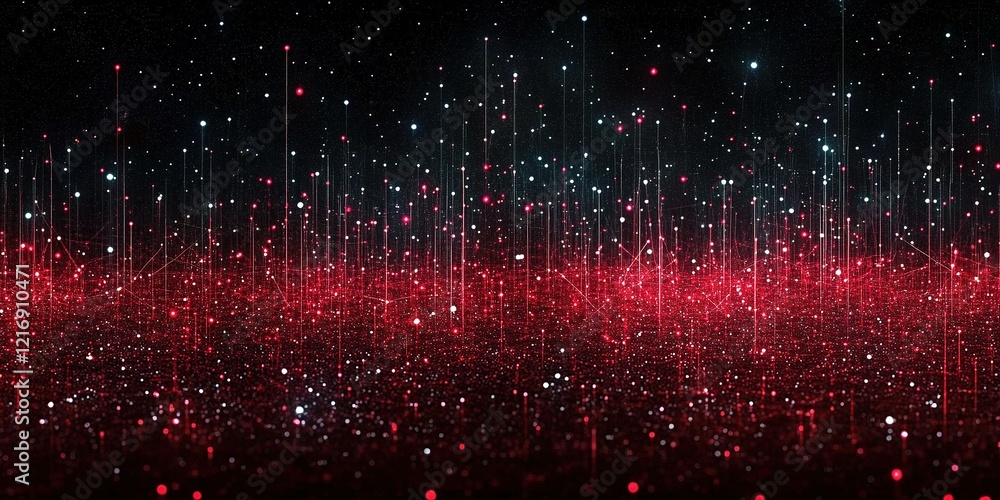Poster visual representation of a red and white abstract data landscape with glowing lines and points