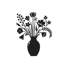 Simple silhouette flowers vase and branch, Vector illustration botanical vase on a white background.