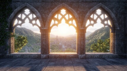 Stunning View of Mountains and Cityscape Through Gothic Arches