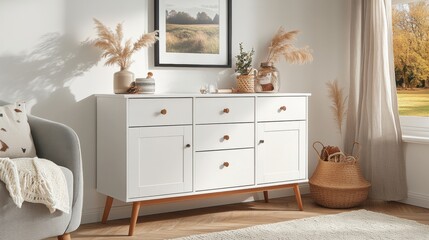 Modern Living Room Interior with Stylish White Sideboard and Decor