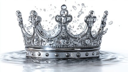 Sparkling Silver Crown with Water Splash on White Background