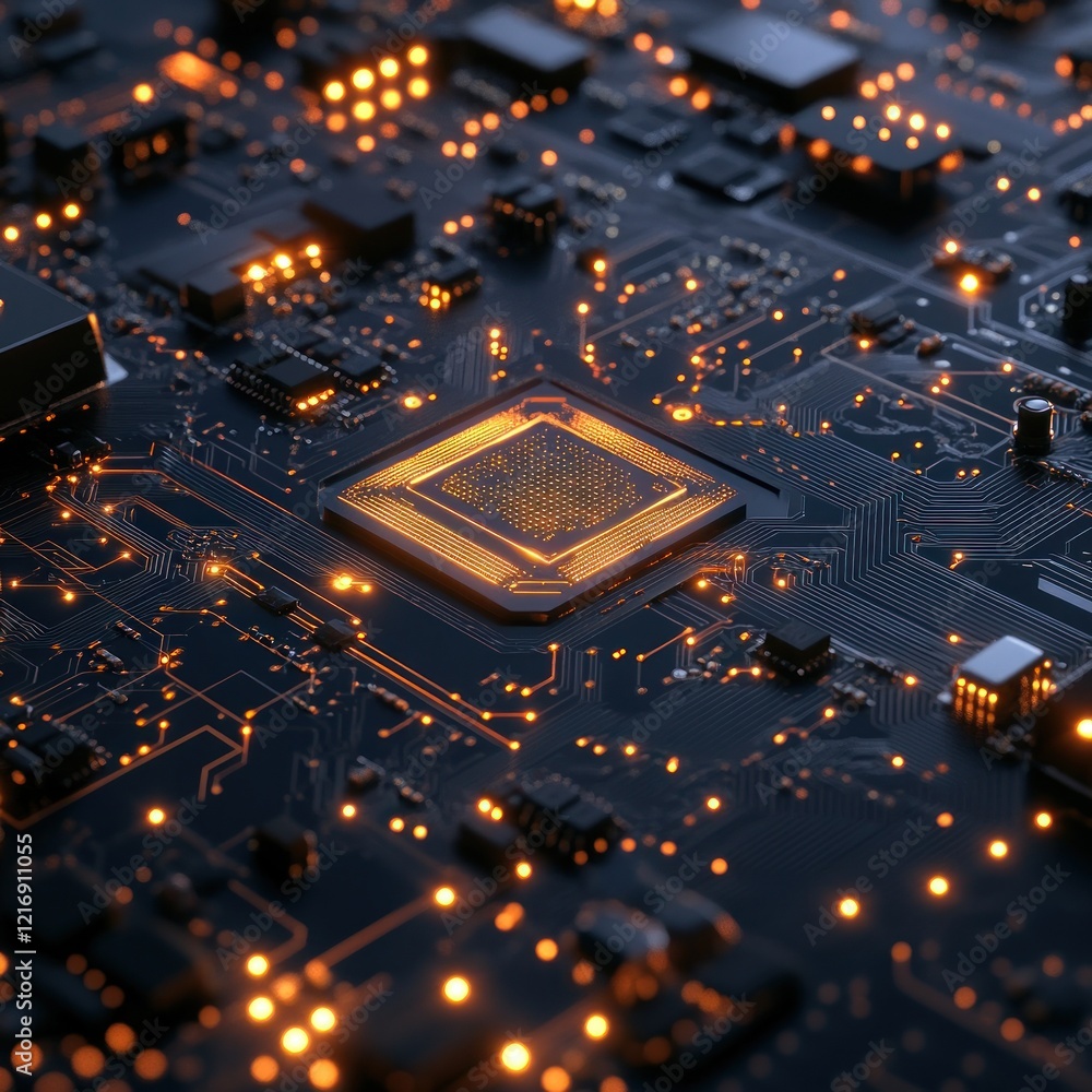 Poster illuminated circuitry: a close-up of a computer motherboard's complex design
