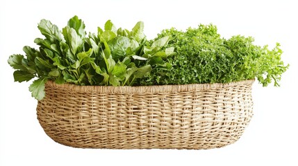 Naklejka premium Fresh Green Leafy Vegetables in Woven Basket on White Background