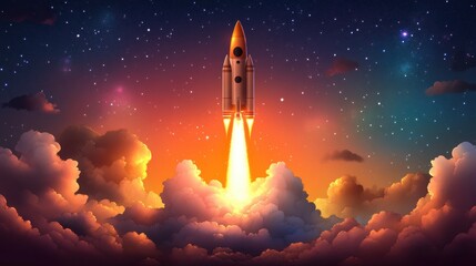 Rocket Launching into a Colorful Night Sky with Twinkling Stars