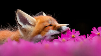 Fox enjoying flowers in a vibrant garden during a sunny day