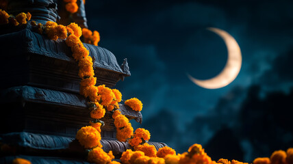 Image of an ancient Shiva temple adorned with strings of marigold flowers and glowing diyas, captured at night during Maha Shivaratri with the crescent moon visible in the background