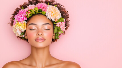 Woman with flower crown poses gracefully against a pink background