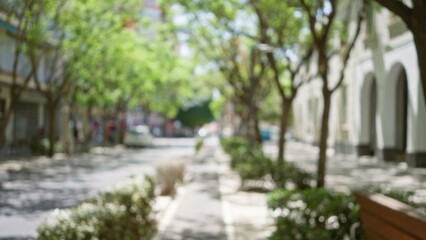 Defocused outdoor scene of a tree-lined street with bokeh effect, blurry cars, and sunny weather in an urban setting.