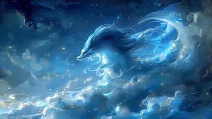 Fototapeta premium Mythical creatures. Japan myth. Tsukuyomi-no Mikoto, figure of tranquil grace, glides serenely across the velvety expanse of the night sky. moon god in Japanese mythology