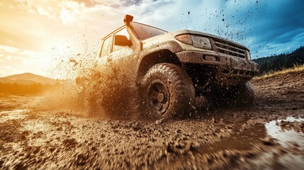 Truck Driving Through Muddy Puddle with Motion Blur