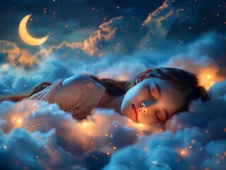 world sleep day. person peacefully sleeping amidst fluffy clouds, with stars twinkling above and a crescent moon casting its gentle glow.