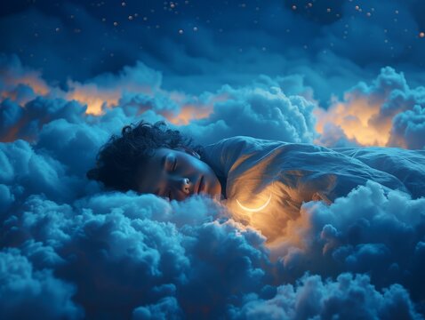 world sleep day. person peacefully sleeping amidst fluffy clouds, with stars twinkling above and a crescent moon casting its gentle glow. - Powered by Adobe