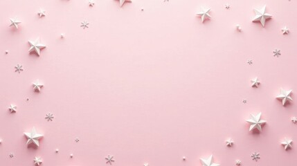 Delicate White Stars and Silver Snowflakes on a Pink Background for Festive Designs