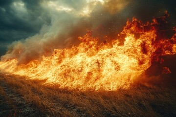 A large fire is burning in a field, suitable for use in scenes about emergency services or natural disasters