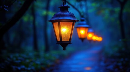 Forest path lanterns night autumn magic