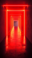 Digital technology red glowing neon corridor poster background