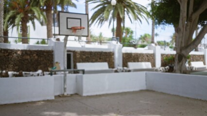 Outdoor basketball court with blurry palm trees in the background and a defocused basketball hoop under a clear sky