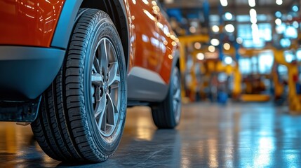 Close-Up of Car Tire in Automotive Workshop with Blurred Background