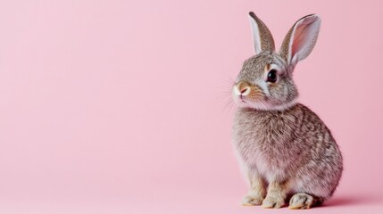 Fototapeta premium Adorable Young Rabbit Sitting Against Soft Pink Background