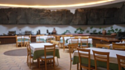 Blurred view of an empty wedding hall featuring tables and chairs with green tablecloths, showcasing a peaceful and serene atmosphere.