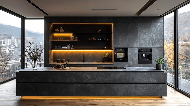 Modern kitchen design, mountain view, city backdrop, luxury home interior