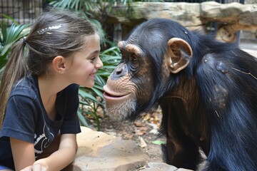 Heartwarming interaction between children and chimpanzee showcasing human animal bond in zoo setting