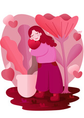 Flat Illustration of a Girl Holding a Heart for Valentine's Day