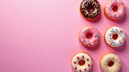 Fototapeta premium Sweet Treats Arranged on Pink Background A Delightful Collection of Glazed Donuts with Colorful Sprinkles
