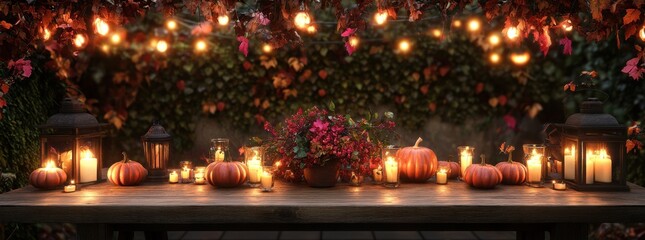 Cozy Autumn Gathering with Pumpkin Centerpiece, Warm Lanterns, and Flickering Candlelight Surrounded by Fall Foliage on a Rustic Wooden Table