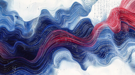 Data transfer. Flowing stream of binary digits code. Bright blue and red, white hues, technology, connectivity concept. Digital river, dynamic effect, background