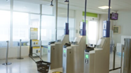 Blurred view of an empty airport terminal with defocused security gates and signs indicating travel procedures under bright lighting