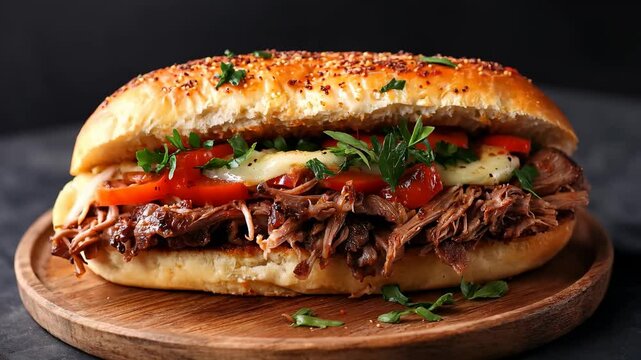 Sandwich gourmand &agrave; la viande en pr&eacute;sentation sur fond noir