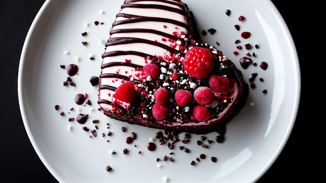 P&acirc;tisserie en forme de c&oelig;ur. G&acirc;teau au chocolat et aux fruits rouges pr&eacute;sent&eacute; sur une assiette.