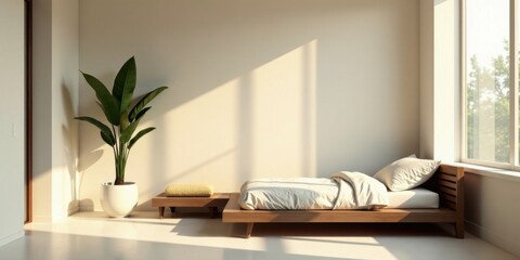 Serene Minimalist Bedroom Design Featuring a Low Platform Bed, Natural Light, and a Lush Tropical Plant