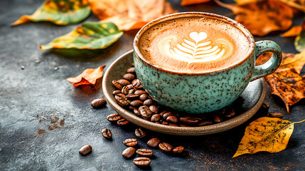 A cup of coffee with latte art in autumn on a dark background, and green leaves and brown-colored autumn leaves near the mug with coffee beans.