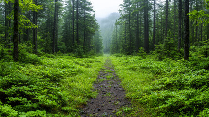 Obraz premium Lush green forest pathway through misty trees in tranquil wilderness