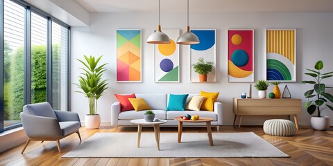 Colorful minimalist room decorated with vibrant geometric art and natural elements in a modern setting