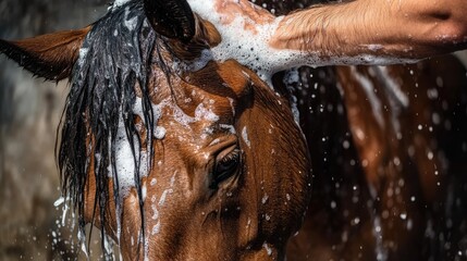 A person washing a horse's head with soap, clean and gentle