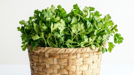 Fototapeta premium Fresh Green Coriander Leaves in Woven Basket on Light Background