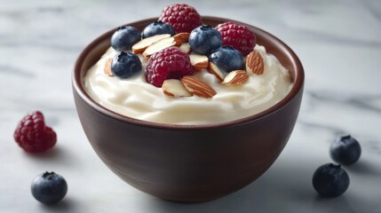 A creamy yogurt bowl with a swirl of honey, topped with blueberries, raspberries, and sliced almonds, placed on a marble surface.