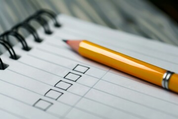 Yellow pencil is lying on an open spiral notepad with a blank checklist waiting to be filled