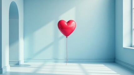 A single red heart-shaped balloon floats gently in a serene, minimalist room bathed in soft sunlight