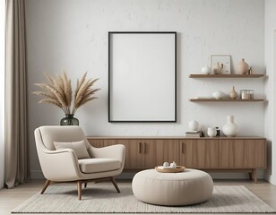 3D Frame Mockup, ISO A Paper Size Poster on Living Room Wall | Modern Interior Design, Interior mockup with house background. 3d render