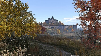 Autumnal Hilltop Castle View, Scenic Path