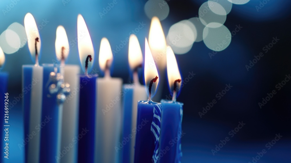 Poster a collection of glowing candles placed on a table surface, suitable for use in various settings such