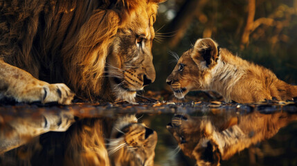 Lion father and cub bonding, reflecting in a still pond under golden sunlight