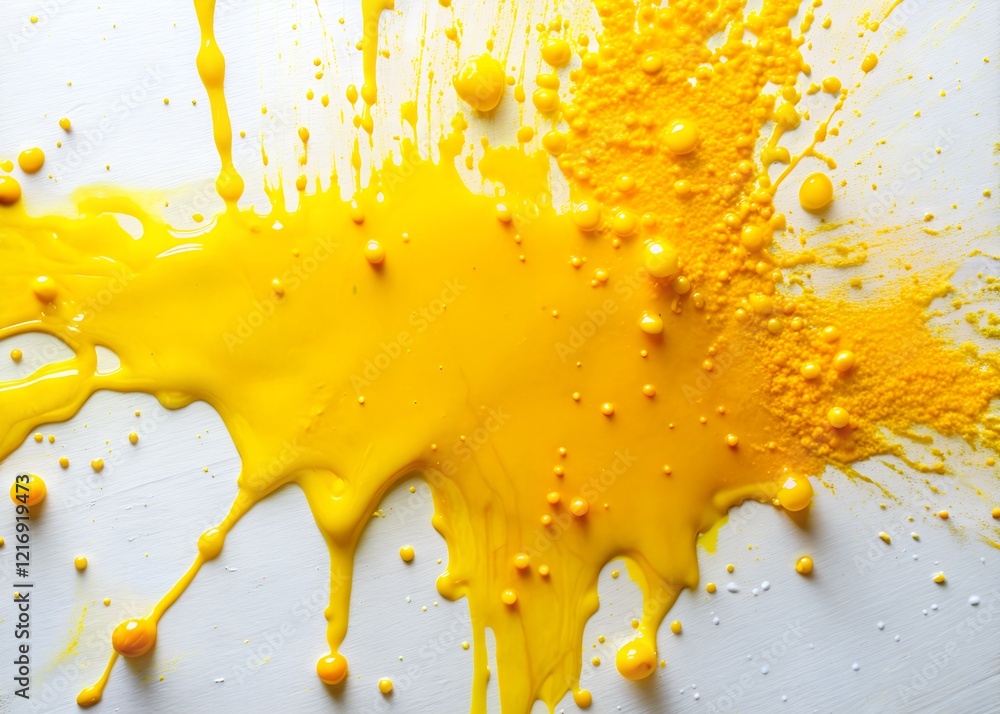 Poster bright yellow paint spill creating dynamic patterns on a clean surface with splatters and droplets h