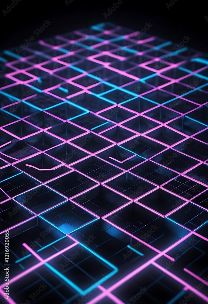 Poster abstract neon grid pattern with cubes and lights